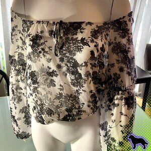 Sheer Black and White Rose Printed Off the Shoulder Slit Arm Top Size 4 / 6 S